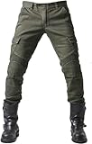 Fashionapple Pantalones de protección para Hombre, Moto, Vaqueros, Transpirables, Protectores extraíbles, para Carreras, Bicicleta (Ejército Verde, L)