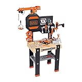 Smoby- Black & Decker Builder, Taller Banco de Trabajo de Juguete, 94 Accesorios, Taladro mecánico, Vehículo para Construir y Grúa (7600360731)