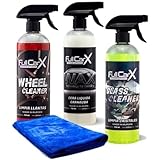 AutoFullCar - Kit Ahorro de limpieza para coche FullCarX - Kit de productos para uso en gasolineras - Limpia llantas Wheel Cleaner, Limpia Cristales Glass Cleaner, Cera líquida Carnauba - 750 ml/u.