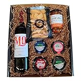 Estuche para regalo con vino tinto Rioja con pates de Iberitos, aceitunas Lou y cremas de quesos y colines Deliex delicias de Extremadura