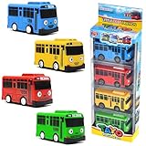 4 Juego de Minibuses de Plástico para Niños Miniautobús Coche de Juguete Grande con Puerta Giratoria Modelo de Autobús Que se Puede Abrir Adecuado para Fiestas, Decoración de Pasteles