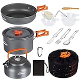 OVERMONT 14Pcs Kit de Utensilios Cocina Camping Olla Sartén Tetera Vajilla para Acampada Senderismo Excursión al Aire Llibre de Aluminio