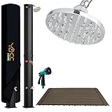 CCLIFE Ducha de Jardín Solar con Suelo de WPC de 40 litros con Agua Caliente, Piscina de Exterior, con Cabeza de Ducha y Grifo, Temperatura de hasta 60° C
