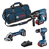 Bosch Professional 18V System GSB 18V-45 + GBH 18V-21 + GWS 18V-7 (125) - Set taladro + martillo + amoladora (3 baterías 4.0Ah, en bolsa) - Amazon Exclusive