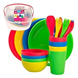 Aktive - Set menaje Picnic Camping para 4 personas tartera comida trabajo con asa menaje camping cubiertos, platos, tazas, ensaladeras vasos plástico duro reutilizable