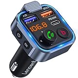 LENCENT Transmisor FM Bluetooth 5.3,Manos Libres Reproductor Música Coche, Deep Bass Sonido Hi-Fi, Adaptador Radio Bluetooth 2 USB+Tipo C 20W Carga Rápida, Soporte Memoria USB