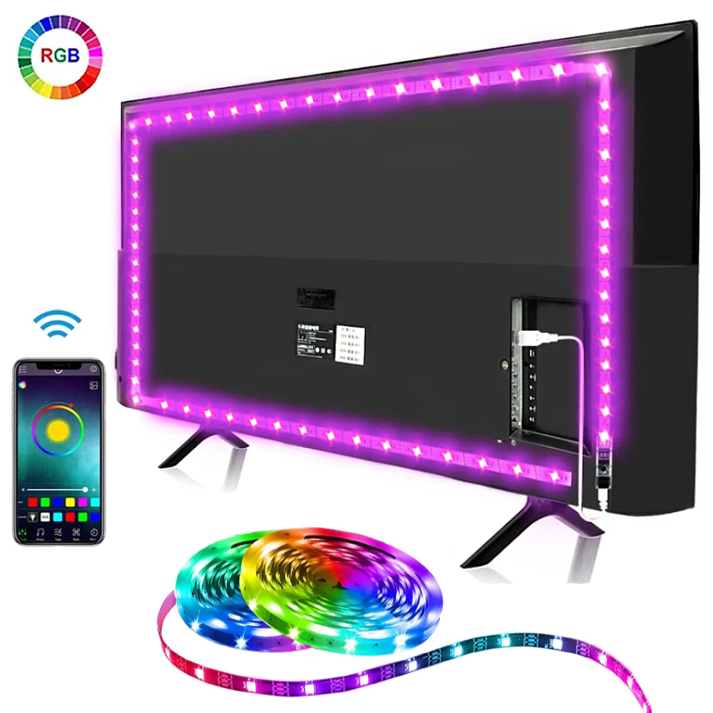 Tira de luces LED USB, luces LED con Control por aplicación Bluetooth para TV RGB 5050, cinta de diodo Flexible, retroiluminación de TV, decoración de habitación