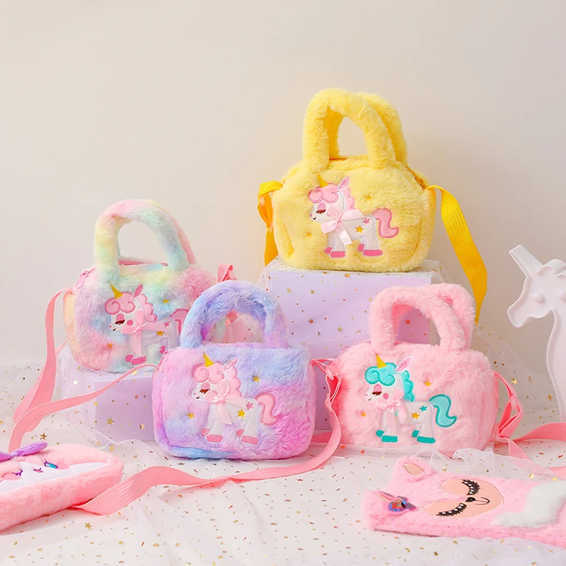 Monederos y bolsos cruzados de felpa con unicornio bordado para chico, bolso esponjoso de arcoíris para niñas pequeñas, bolso de hombro peludo de dibujos animados bonitos