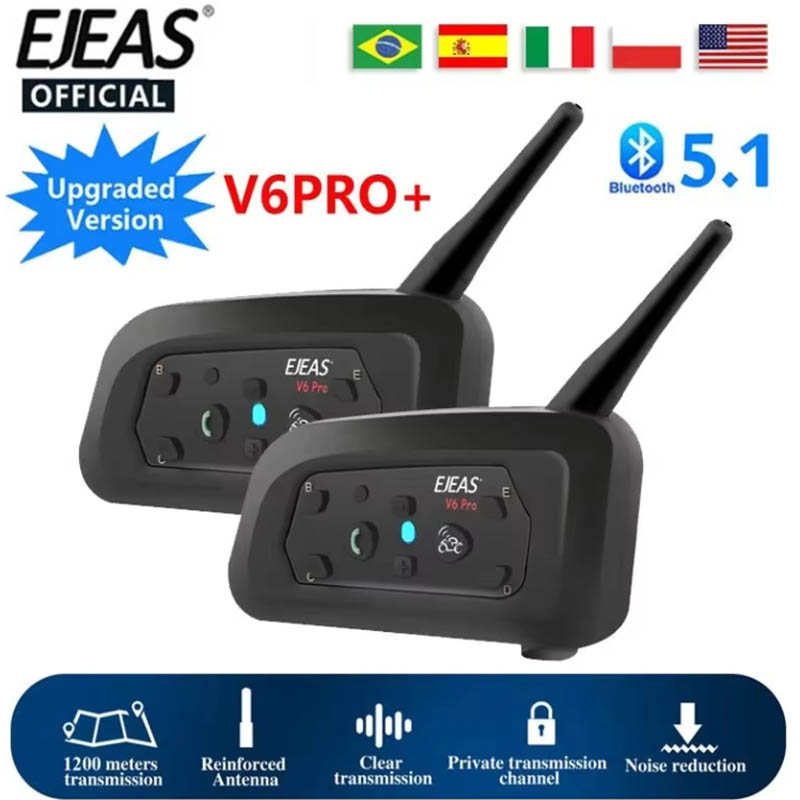 EJEAS V6 PRO + intercomunicador para motocicleta casco auriculares Bluetooth 6 conductores 800m comunicador impermeable V5.1 reproductor de música interfono