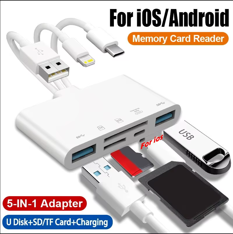 Para lector de tarjetas de memoria iOS a SD TF 5 en 1 adaptador USB OTG con puerto de carga para iPhone iPad Xiaomi Samsung Huawei MacBook