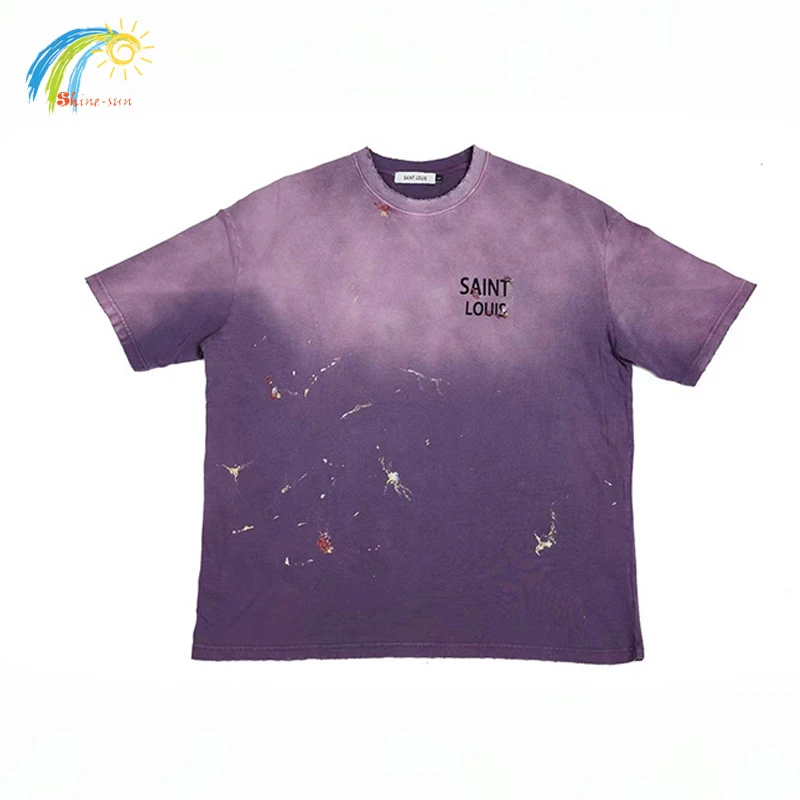 Camiseta de Saint Louis para hombres y mujeres, Camisa de algodón de la mejor calidad, con estampado de logotipo clásico, con tinta de salpicaduras púrpura lavada