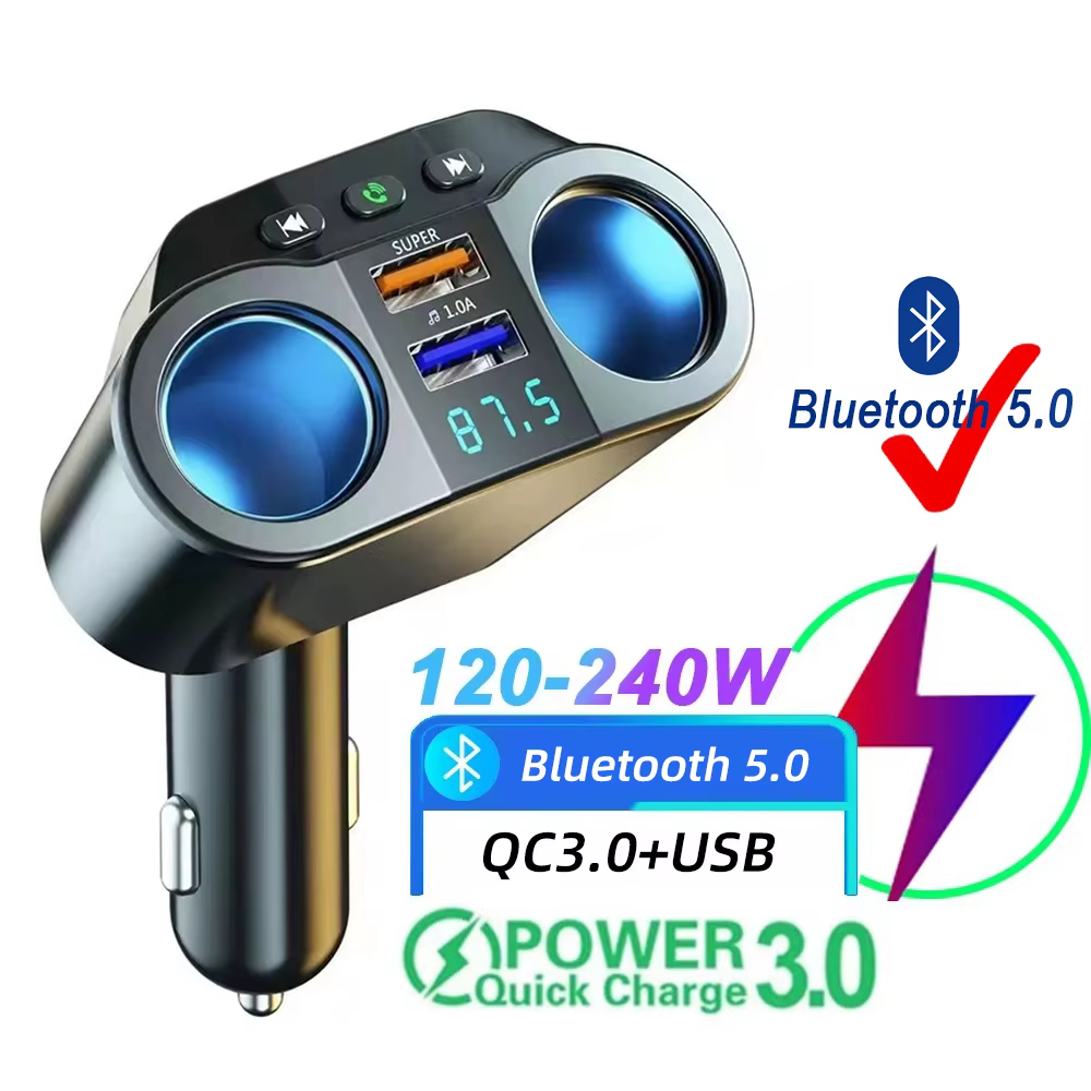 Divisor de encendedor de cigarrillos para coche, cargador de coche con USB Dual, enchufe de cargador rápido, Bluetooth, llamada manos libres, transmisor FM automático, 12V/24V