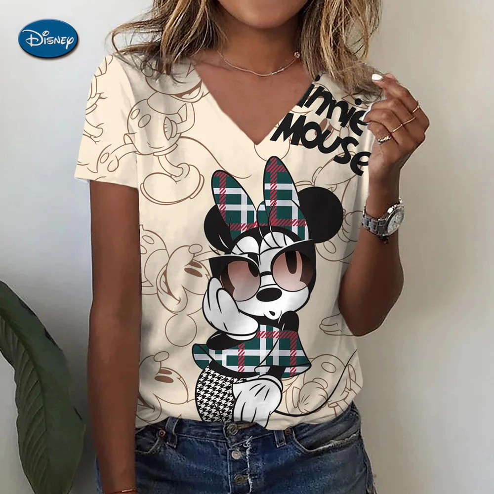 Camisetas con estampado 3D de Mickey Mouse de Disney para mujer, ropa informal de verano de manga corta con cuello en V, ropa de Hip Hop Harajuku Y2K