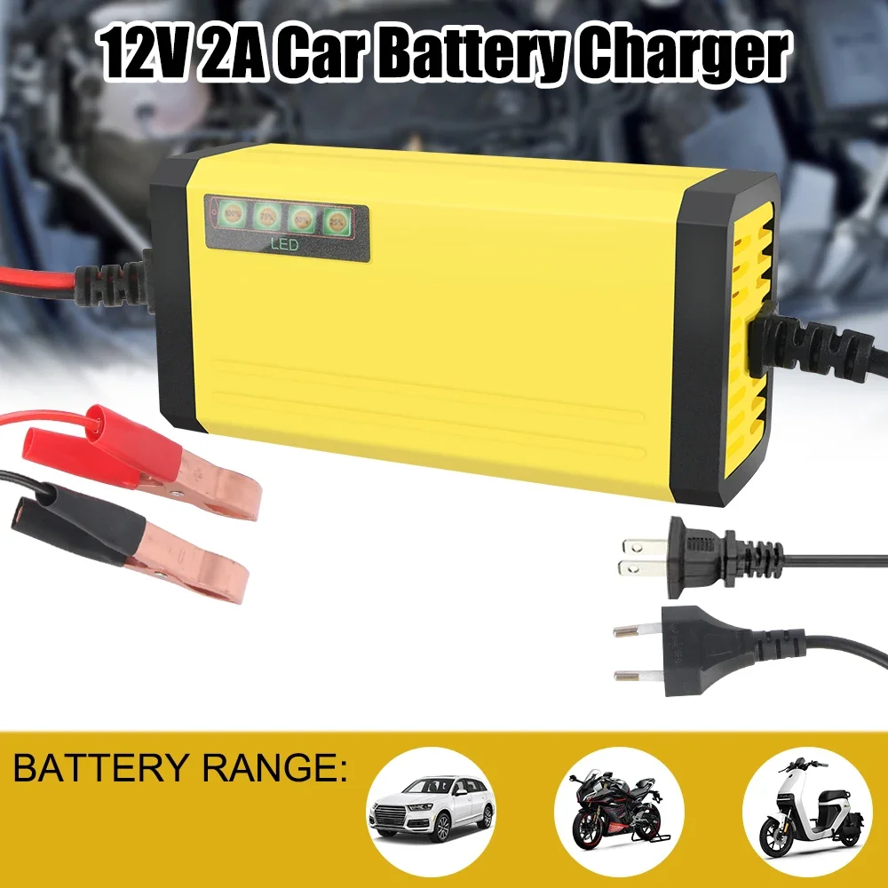 Cargador de batería de coche de 12V y 2A, cargador de reparación de pulsos de energía de 220V, batería de plomo ácido húmedo y seco, pantalla LED, cargador de batería para Moto y camión