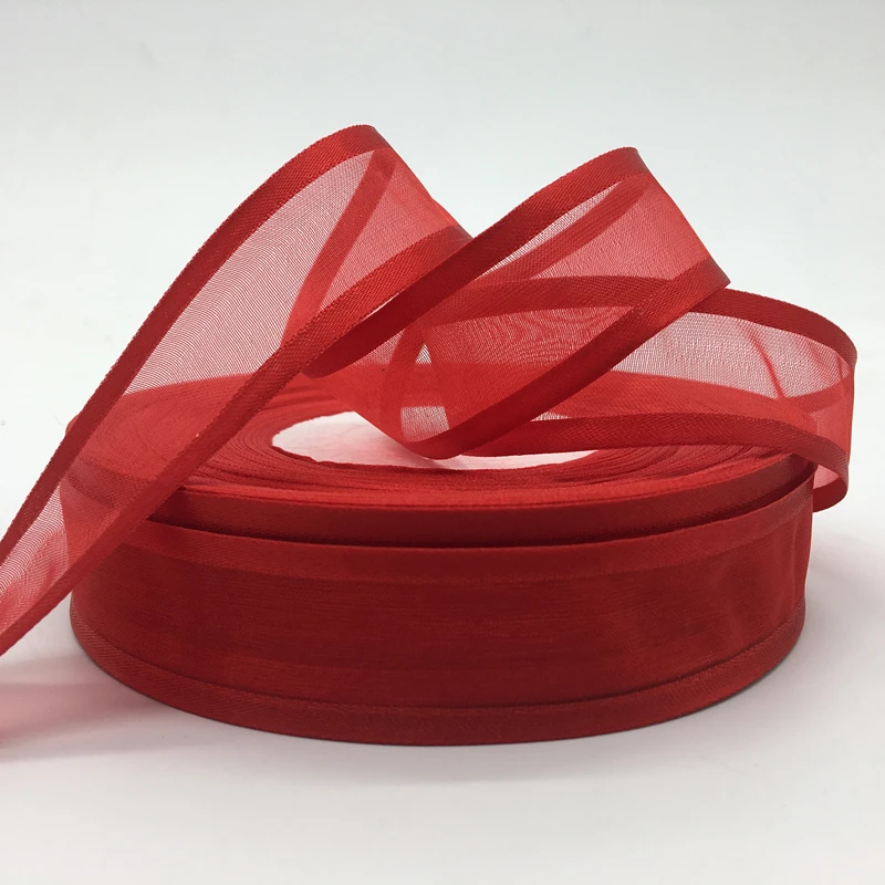 Venta al por mayor, 5 yardas, 1 "(25mm), lazo de cinta de Organza lateral roja, decoración para envolver fiesta de Navidad y boda, manualidades de encaje