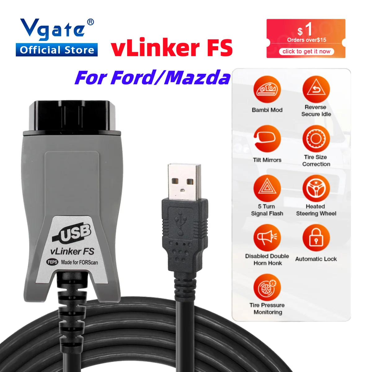 Vgate vLinker FS ELM327 para Ford FORScan HS MS CAN ELM 327 OBD 2 OBD2 herramientas de interfaz de escáner de diagnóstico de coche OBDII para Mazda