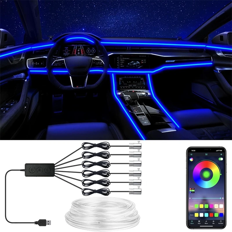 Luces de alambre EL flexibles con Control por aplicación, tira de luces de ambiente, lámparas decorativas, tira Led RGB de neón para Interior de coche de 12V