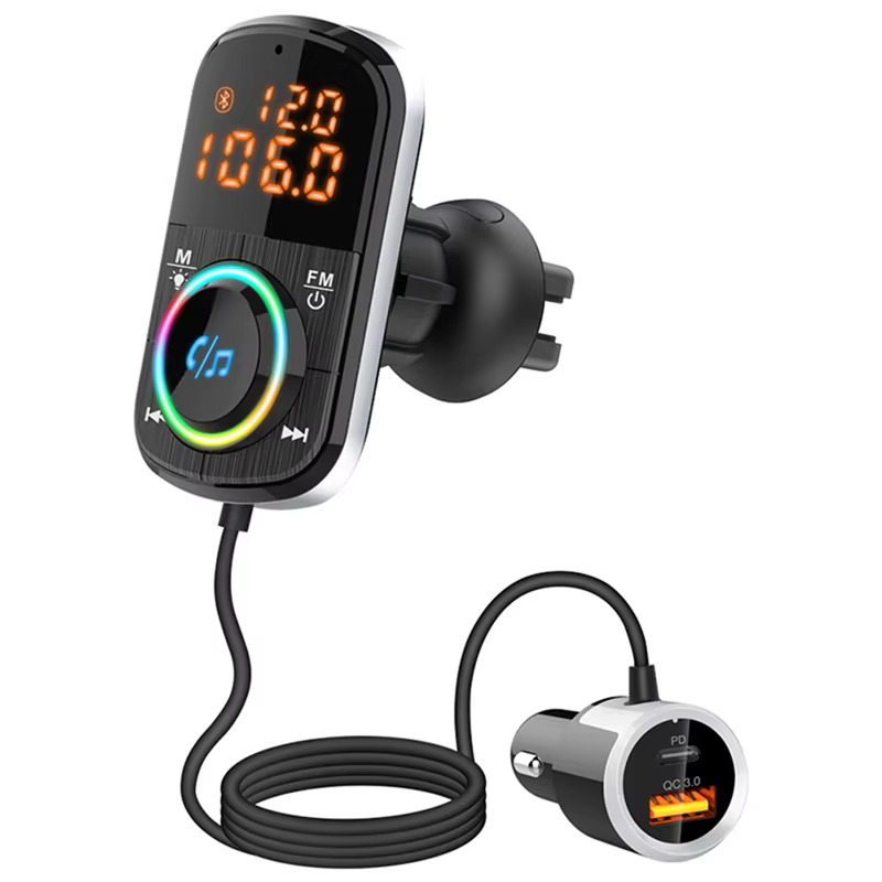 BC71 Transmisor FM Bluetooth 5,0 para coche QC3.0 carga rápida PD cargador de coche adaptador de reproductor MP3 con luz ambiental 12V-24V